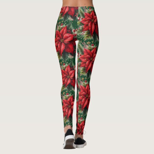 Kerstgroene Rode Poinsettia Bloem Leggings (Achterkant)