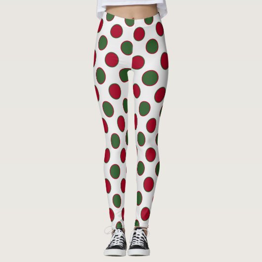 kerstgroene rode poka dots op wit leggings (Voorkant)