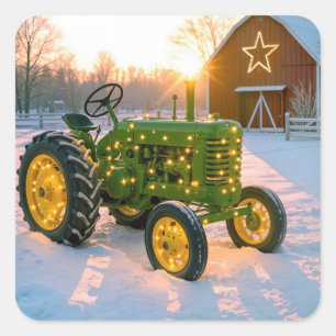 Kerstgroene vintage tractor met rode schuur vierkante sticker