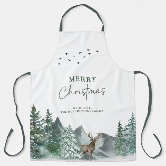 Kerstgroene Waterverf Pine Forest Holiday Schort (Voorkant)