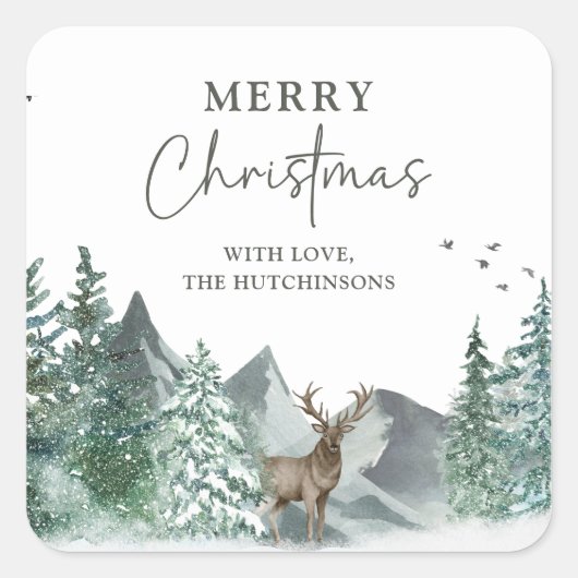 Kerstgroene Waterverf Pine Forest Holiday Vierkante Sticker (Voorkant)