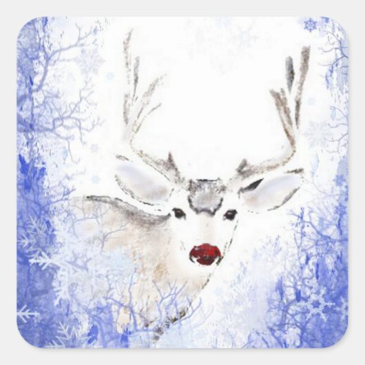 kerstgroet Deer Blue Snowflakes Vierkante Sticker (Voorkant)