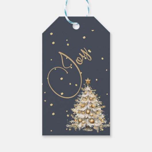Kerstgroet Joy Blauw Goud Kleur Boom Cadeaulabel (Voorkant)