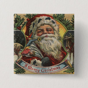 kerstgroet, kerstman en rendier vierkante button 5,1 cm