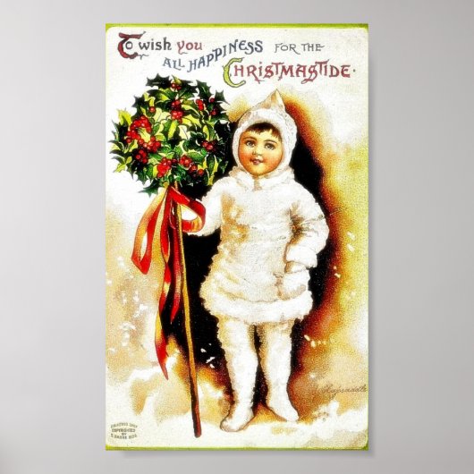 Kerstgroet met een jongen met heilige bladeren poster (Voorkant)