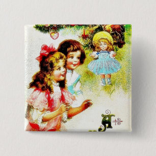Kerstgroet met meisjes die naar de chris kijken vierkante button 5,1 cm