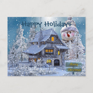 Kerstgroet Winter Sneeuwman Blauw Rustiek Briefkaart