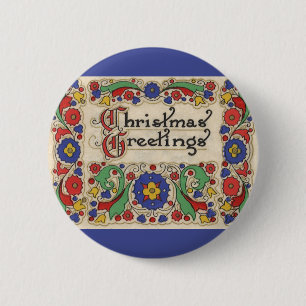 Kerstgroeten in vintage stijl met decoratieve rand ronde button 5,7 cm