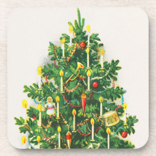Kerstgroeten, vintage kaart, Kerstboom Bier Onderzetter