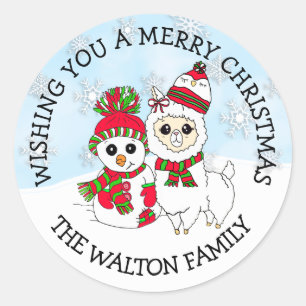 Kerstgroeten Winter Llama en Snowman Ronde Sticker