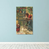 KerstgroetKinderen die de kerstman bekijken Canvas Afdruk (Insitu (Houten vloer))