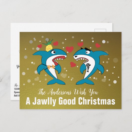 Kersthaaien Goud Gepersonaliseerde Typografie Feestdagenkaart (Voorkant / Achterkant)