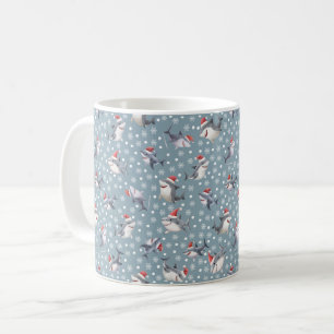 Kersthaaien & Sneeuwvlokken op Lichtgrijs-Blauw Koffiemok