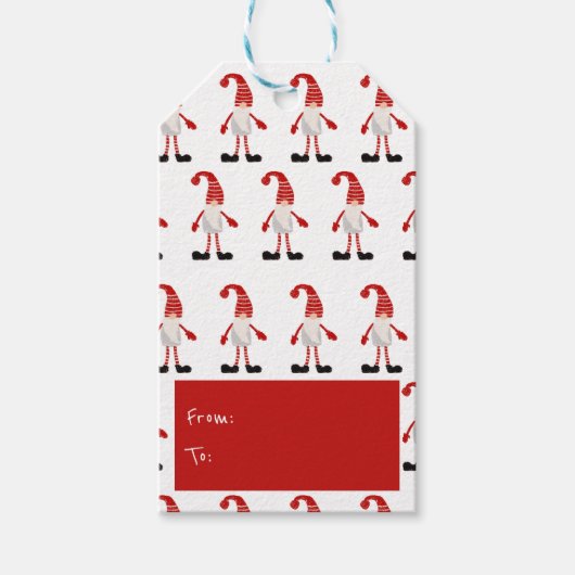 kersthand met gnome Nordic Pattern Red Gray Cadeaulabel (Voorkant)