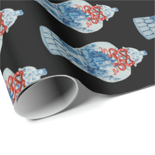 Kersthandschilderen Blauw en Witte Ginger Jar Cadeaupapier