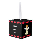 Kersthart met schattige elf en engel op Black Kubus Ornament (Achter hoekig)