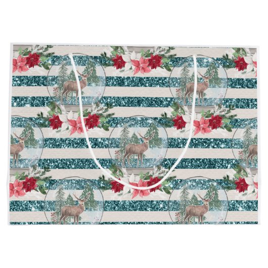 Kerstherensneeuwbal, poinsettias groot cadeauzakje (Achterkant)