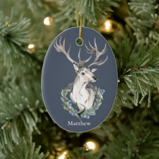 Kersthert met winterkrans keramisch ornament