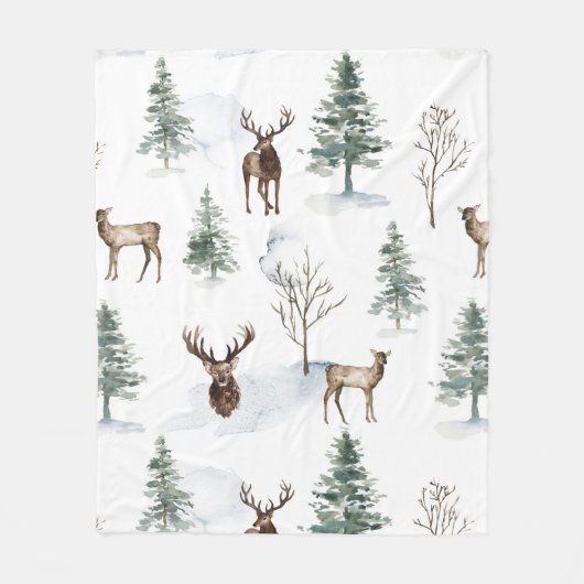 Kerstherten en winterbomen patroon fleece deken (Voorkant)