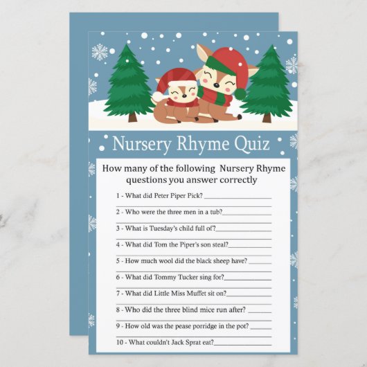 Kerstherten Nursery Rhyme Quiz baby shower game (Voorkant / Achterkant)