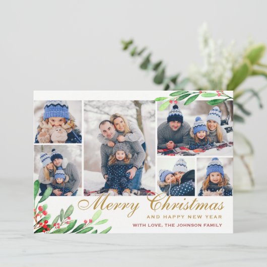 KerstHolly Berry 6 PHOTO Collage Greep Feestdagenkaart (Staand voorkant)