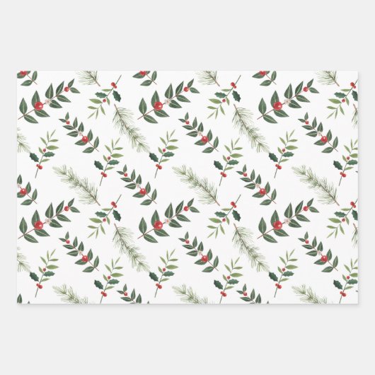 KerstHolly Berry en Pine Branches White Inpakpapier Vel (Voorkant)
