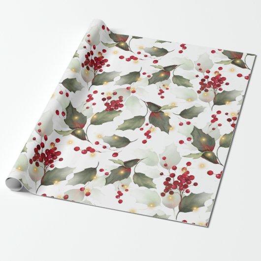 KerstHolly Light Garland Wrapping Paper Cadeaupapier (Uitgerold)