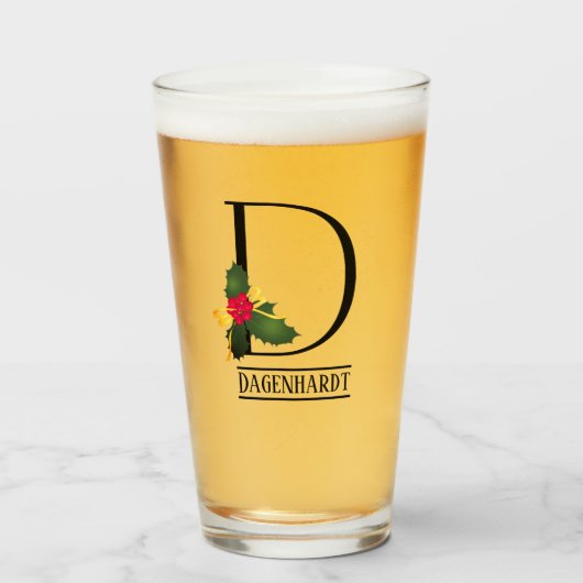 KerstHolly Monogram D Gepersonaliseerd bier Glas (Voorkant gevuld)
