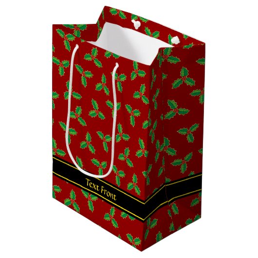 KerstHolly Pattern Medium Cadeauzakje (Voorkant Gekanteld)