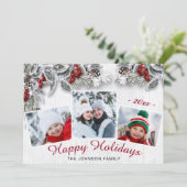 KerstHolly Pine Rustic 3-fotofeestkaart Feestdagenkaart (Staand voorkant)