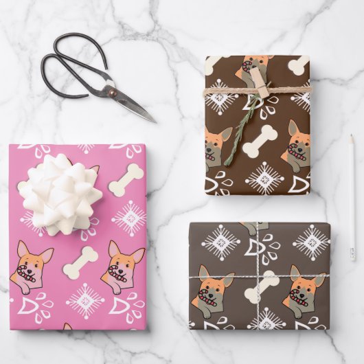 Kersthond Kandy Cane Snowflake Pattern Inpakpapier Vel (Voorkant)