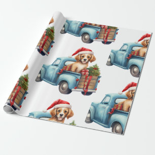 Kersthond met cadeaus inpakpapier