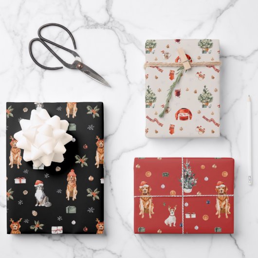 Kersthond met feestdag voor kerstcadeautje met ker inpakpapier vel (Voorkant)