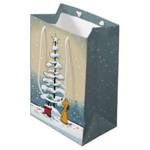 Kersthond met kerstboom in sneeuwvlokken medium cadeauzakje