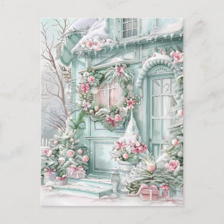 Kersthuis ansichtkaart met mint en roze briefkaart