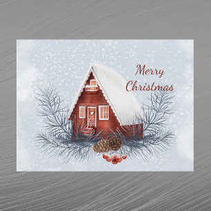 Kersthuis Sneeuw Pijnboom Bessen Watercolor Feestdagenkaart