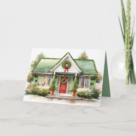 Kersthuisje met krans feestdagen kaart (Voorkant)