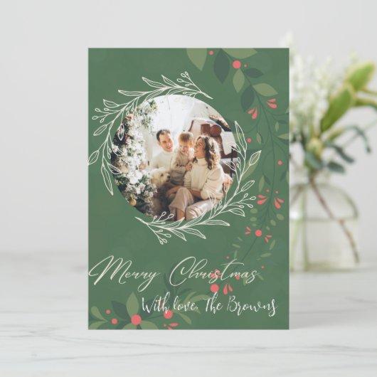 Kersthulst Boeket Groen Foto Navy Feestdagenkaart (Staand voorkant)
