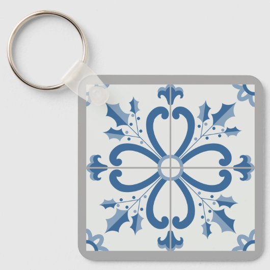 Kersthulst en bloemblaadjes blauwe tegel sleutelhanger (Voorkant)