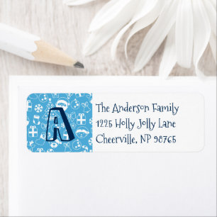 Kersti Blauwe Kerstman Elf Snowman Monogram Etiket
