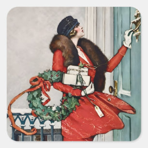 Kerstillustratie uit grootmoeders tijd voor de deu vierkante sticker