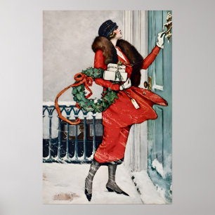 Kerstillustratie uit het verleden op de stoep poster