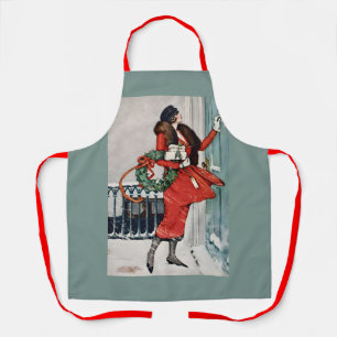Kerstillustratie uit het verleden op de stoep schort