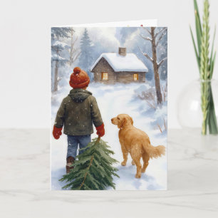 Kerstjongen met dennenboom en hond kaart