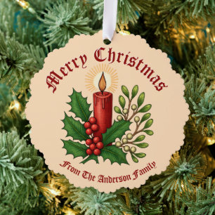 Kerstkaars met Holly & Mistletoe Ornament Kaart