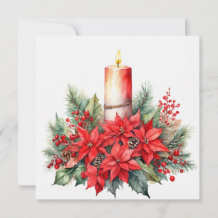 Kerstkaars, Rode Poinsettia Bloemen, Bessen Feestdagenkaart