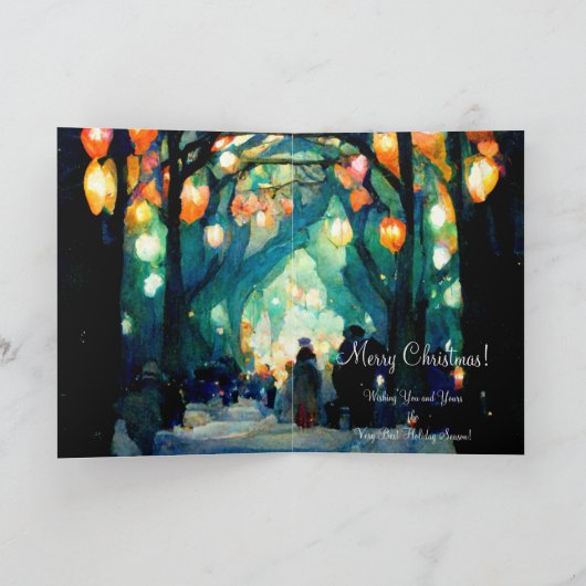 Kerstkaart avondbijeenkomst kleurrijke lichten kaart (Binnen)