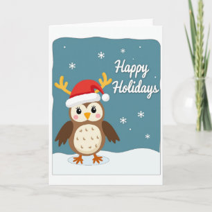 Kerstkaart Cute Uil Kerstman Hoed Rendier Kaart