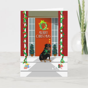 Kerstkaart - Hond Rottweiler op Portiek Feestdagen Kaart