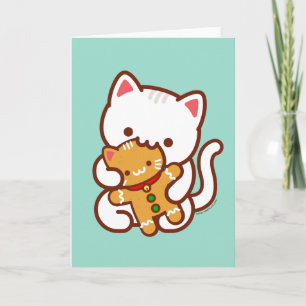 Kerstkaart: hongerige kat eet gemberkoek kat kaart